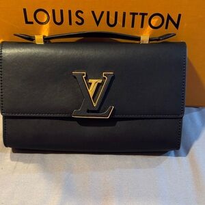 Classic Louis Vuitton Black Leather Crossbody with Gold LV Emblem